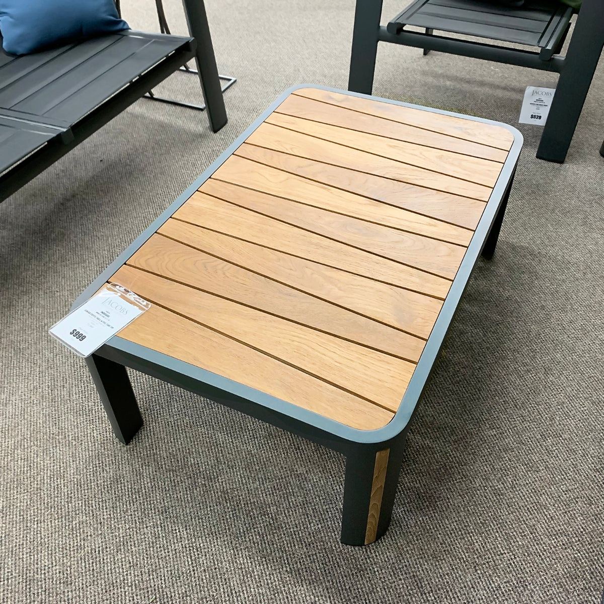 IndoSoul Geneva Outdoor Patio Coffee Table With Full Teak Top in our Jacobs Custom Living Spokane Valley showroom.