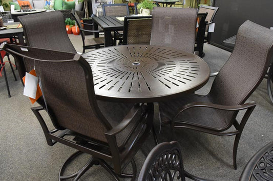 The Tropitone La'Stratta 48" Umbrella Dining Table" is available in our Jacobs Custom Living Spokane Valley showroom.
