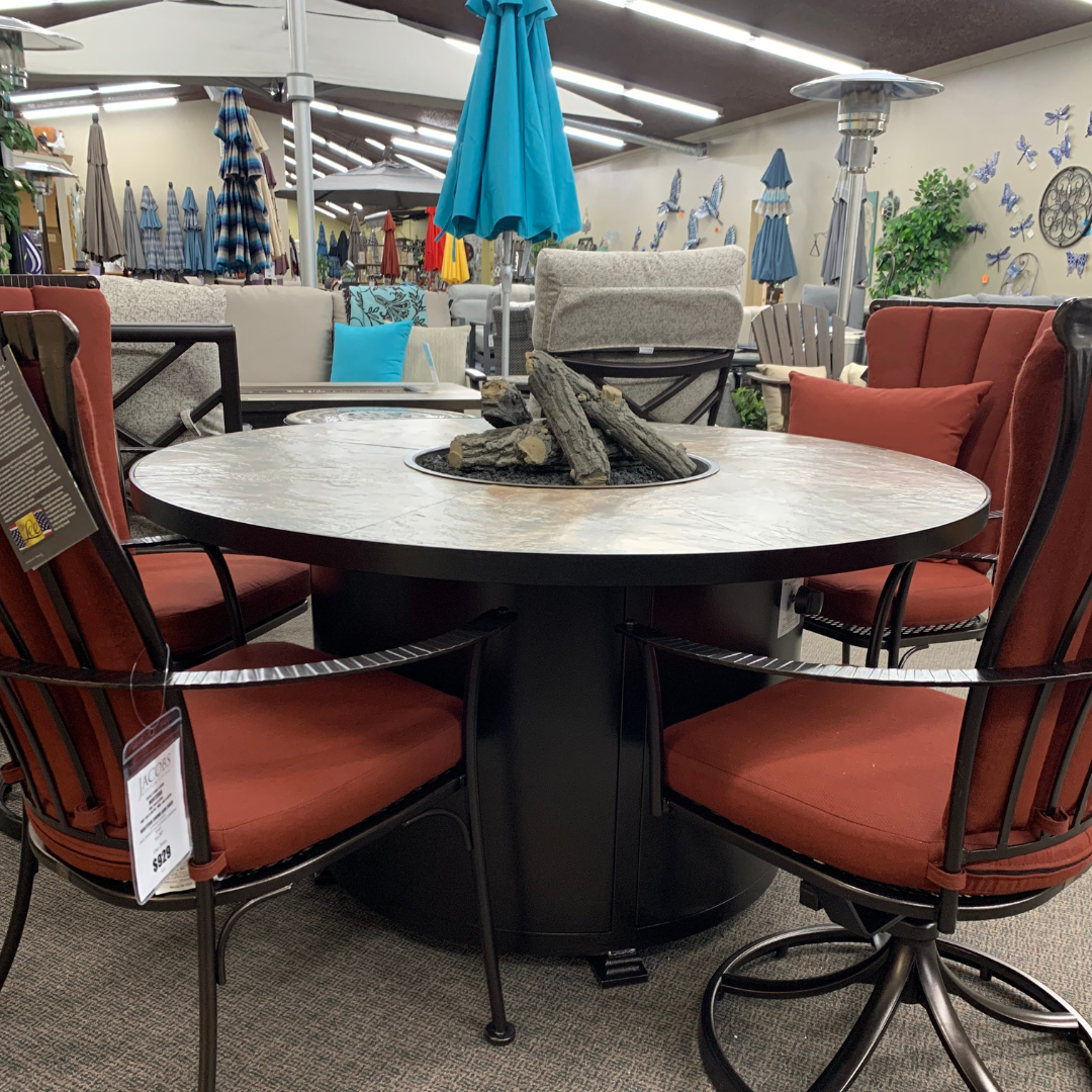 OW Lee Rustic Slate 54" Round Dining Height Fire Table | Jacobs Custom Living