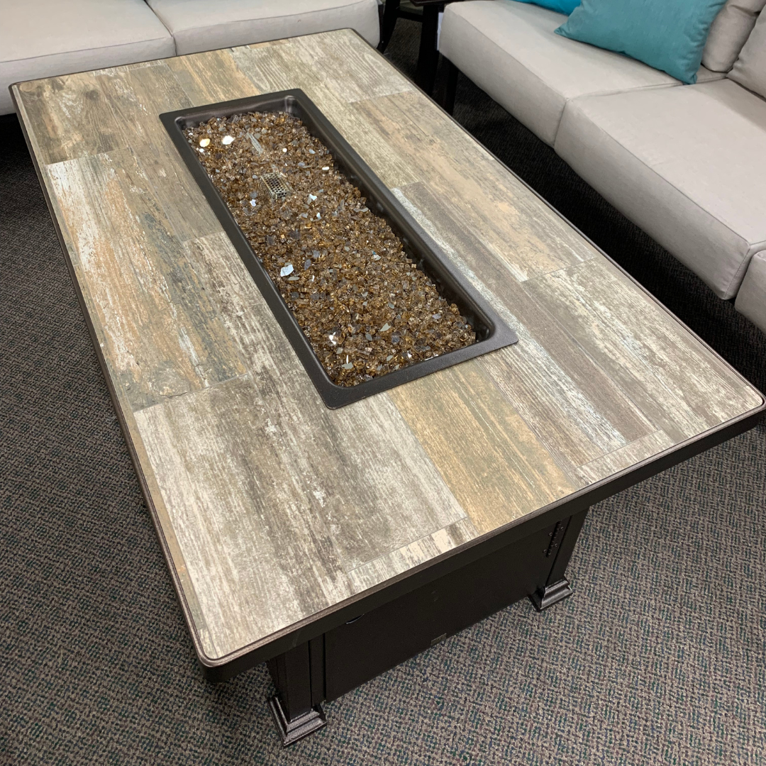 OW Lee Fire Pit - Santorini Venice Beach 30" x 50" Rectangular Chat Height Fire Table is available at Jacobs Custom Living.