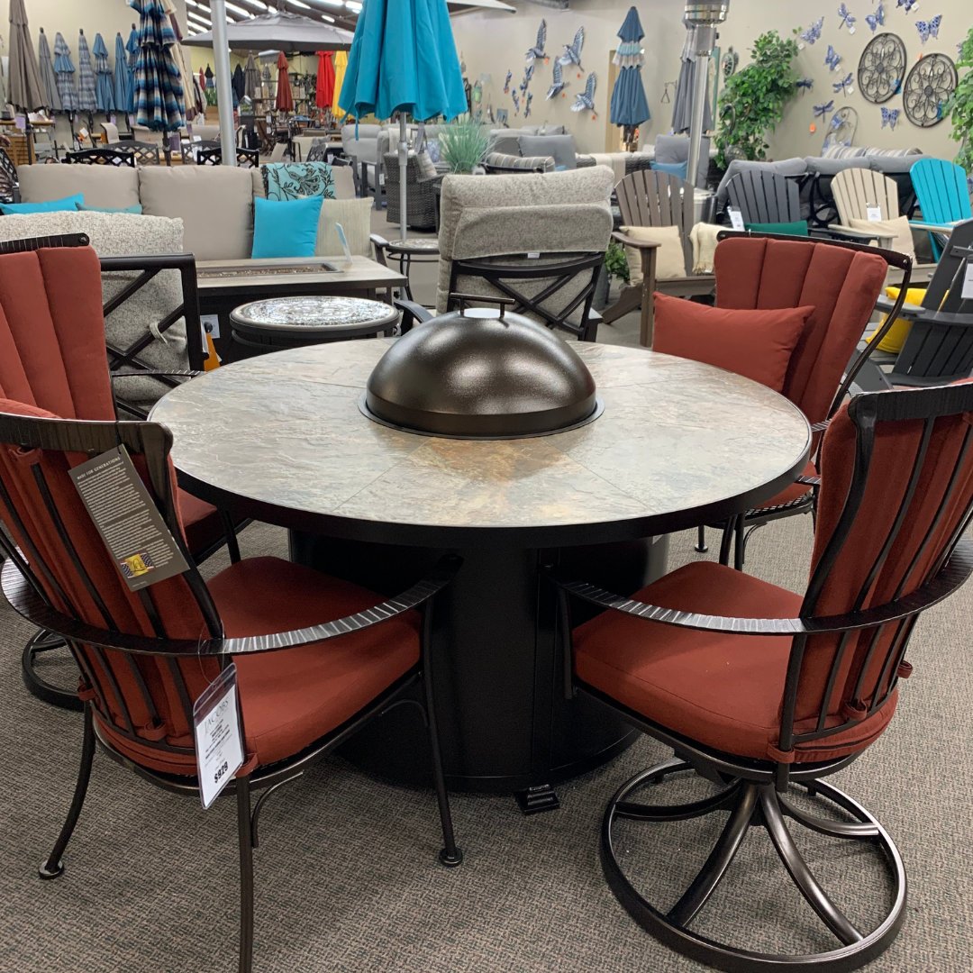 OW Lee Rustic Slate 54" Round Dining Height Fire Table | Jacobs Custom Living