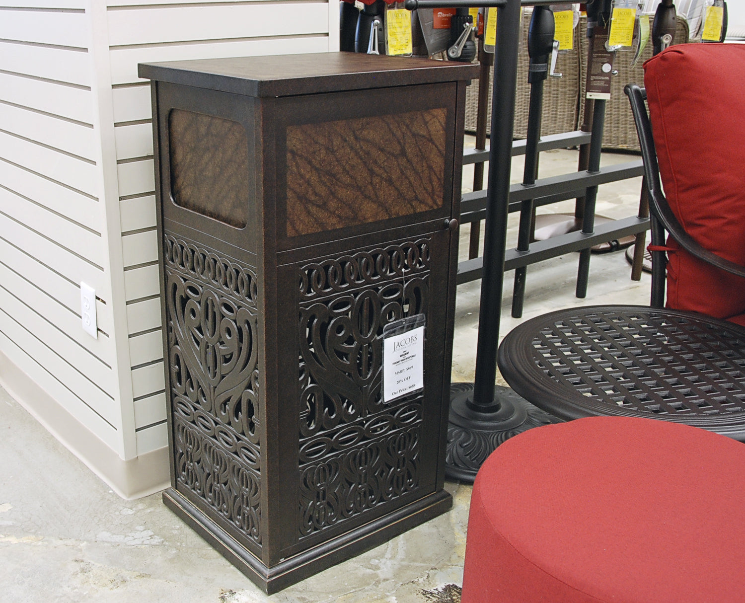 Hanamint Tuscany Trash Receptacle is available in our Jacobs Custom Living Spokane Valley Showroom.